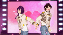 two anime characters are holding hands in front of a heart