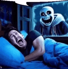 a man is laying in bed with his mouth open and a skeleton is behind him .