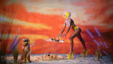 a painting of a woman and a tiger in the desert
