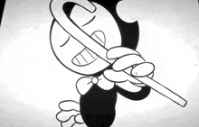 a black and white drawing of a cartoon character with wings flying in the air .