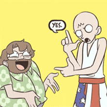 a man with a beard is laughing while another man with a speech bubble that says yes