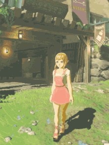 a girl in pink overalls stands in front of a building with a sign that says ' a ' on it