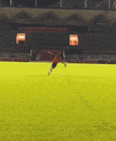 a person in an orange shirt is flying through the air on a soccer field