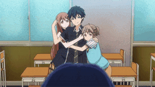 three anime characters are hugging in a classroom