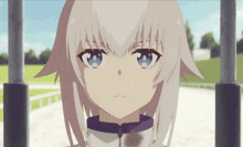 a girl with white hair and blue eyes is wearing a purple collar