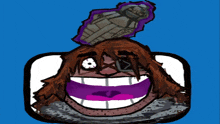 a cartoon drawing of a man with a purple mouth and a statue on his head