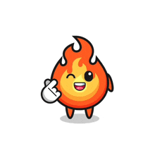 a cartoon illustration of a fire mascot making a rock sign .