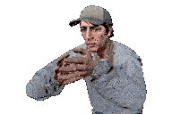 a man wearing a hat and a jacket is making a hand gesture with his hands .