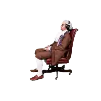 a man in a brown coat and white socks is sitting in an office chair playing a video game