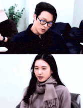 a man wearing glasses and a woman wearing a scarf looking at each other