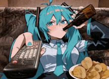 a girl is drinking from a bottle while holding a remote