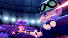 a cartoon character with a hat and goggles is holding a glowing object in his hand