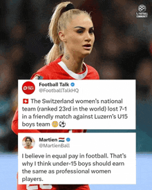 a picture of a female soccer player and a tweet from martien saying " i believe in equal pay in football "