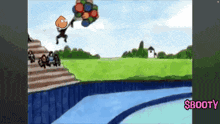 a cartoon drawing of a person holding balloons with the words $booty underneath