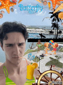 a picture of a man in a bikini with the words butterfly dream