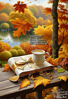 a cup of coffee sits on top of a book on a table with autumn leaves in the background