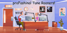 a cartoon illustration of a radio station with the words profashional tune rooners at the top