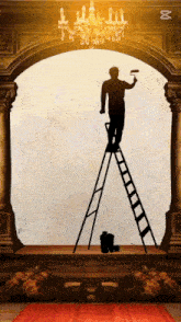 a silhouette of a man on a ladder holding a paint roller