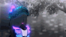a black and white drawing of a girl in a maid outfit with a purple flower on her head