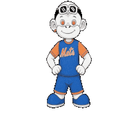 a mets mascot wearing sunglasses and a blue and orange shirt
