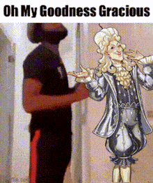 a man in a black shirt and red pants is standing next to a man in a fancy costume .