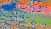 a close up of a colorful painting with a blue circle in the middle of it