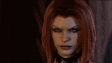 a woman with red hair and a choker on her neck looks at the camera .