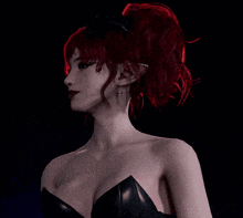 a woman with red hair is wearing a black dress and earrings