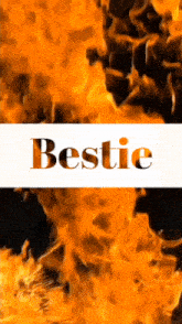 the word bestie is on a white background with flames in the background