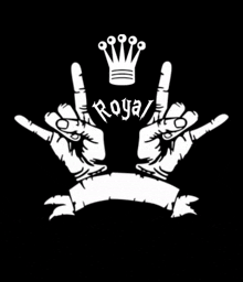 a pair of hands making a rock and roll sign with a crown .