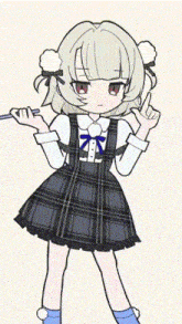 a cartoon girl is wearing a plaid dress and holding a pen .