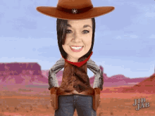 a cartoon of a woman dressed as a cowboy with jib jab in the bottom right corner