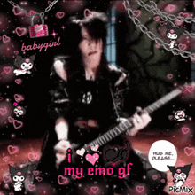 a picture of a person holding a guitar with the words i love my emo gf on the bottom