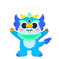 a blue and green cartoon character with chinese writing behind it