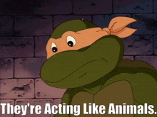 a picture of a turtle with the words they 're acting like animals below it