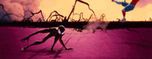 a purple background with a spiderman and a spider-man fighting each other