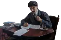 a painting of a man sitting at a desk with a glass of tea