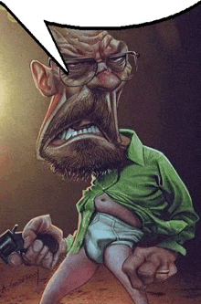 a cartoon of a man with a beard holding a gun with a speech bubble above him