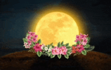 a full moon is surrounded by flowers and leaves .