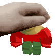 a pixel art of a person holding a red and green toy .