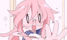 a cartoon girl with pink hair and glasses is standing in front of a door .