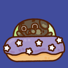 a cartoon drawing of a pug in a purple donut with stars on it