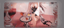 a woman is sitting at a table with a tray of drinks and raw hd written on the bottom left