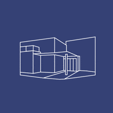 a line drawing of a building with a blue background