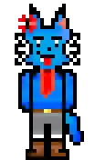 a pixel art drawing of a blue cat with a red tie