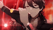 an anime character is singing into a microphone with red eyes