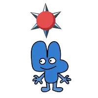 a blue cartoon character with a red ball on top of it .
