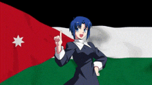 a girl with blue hair stands in front of a flag with a white star on it