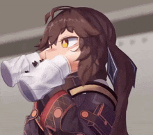 a drawing of a girl with brown hair drinking from a cup