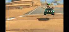 a video game character is flying through the air in a green car .